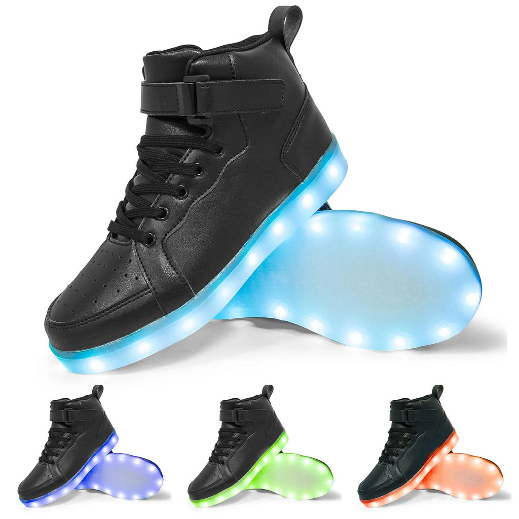 LED light-up high-top sneakers with Velcro strap in various colours on a solid background
