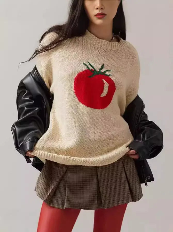 Women's milky white round neck jacquard knit acrylic sweater on a hanger.
