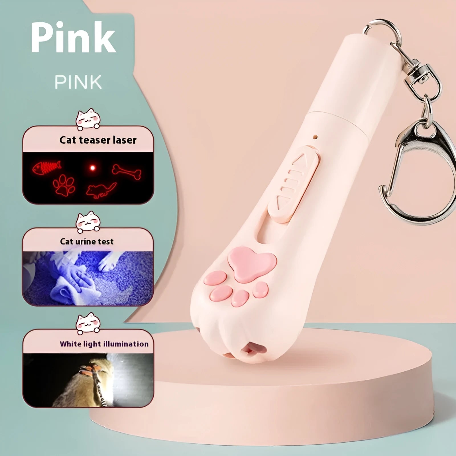 Rechargeable cat teaser toy with feather attachment and pen light in pink, cream white, or sky blue colour options