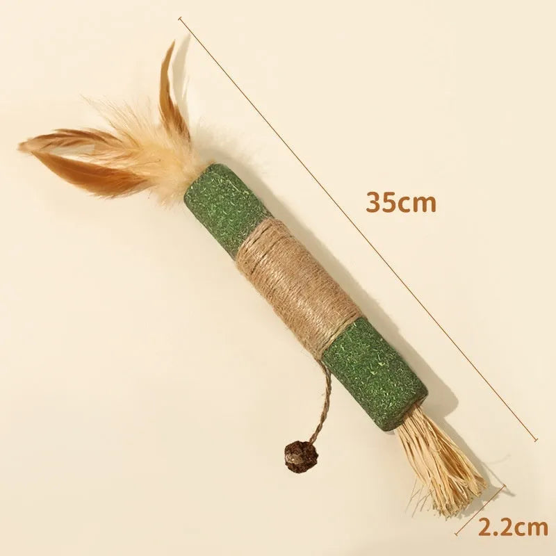 Large Polygonum Mu wood cat teeth grinding chew toy, 22mm diameter, shown in catnip lafite grass style