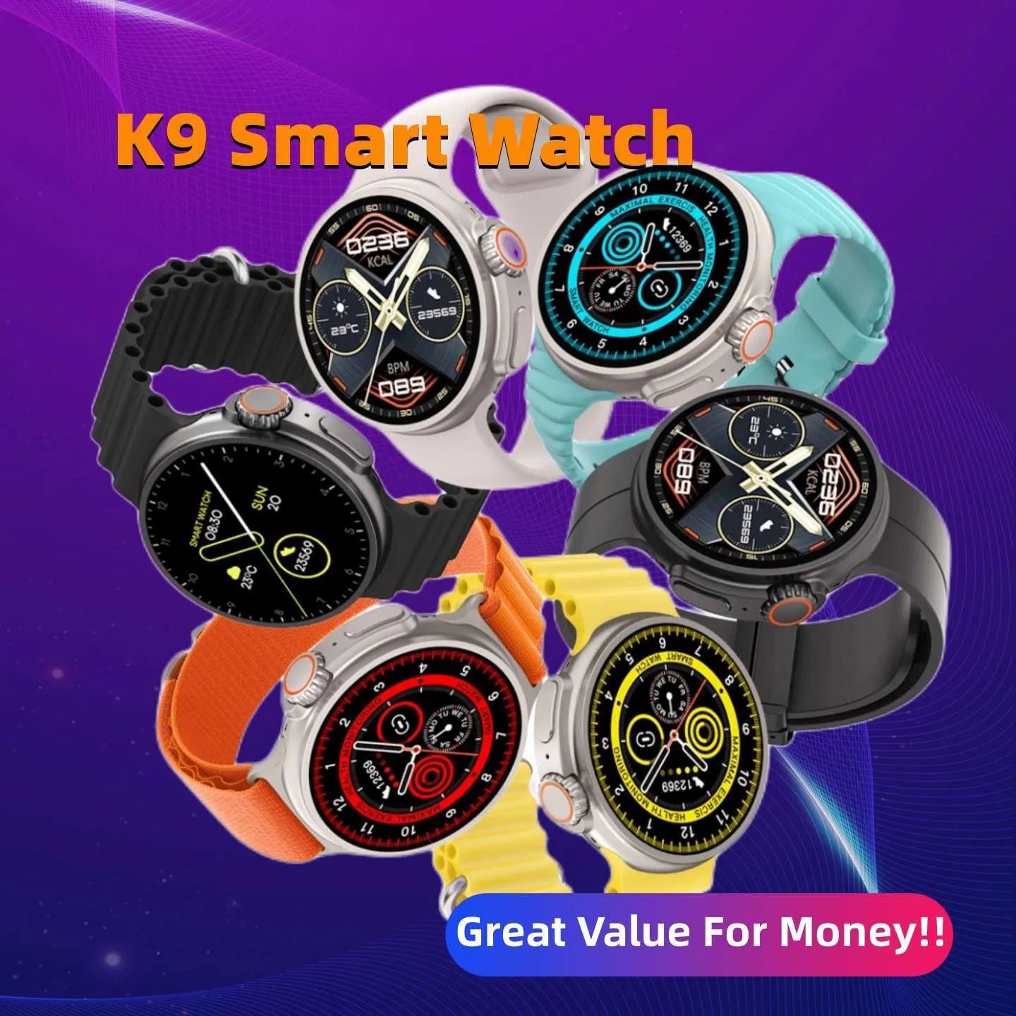K9 smart watch in black with round colour screen on a silicone strap, showing a fitness stats dial.
