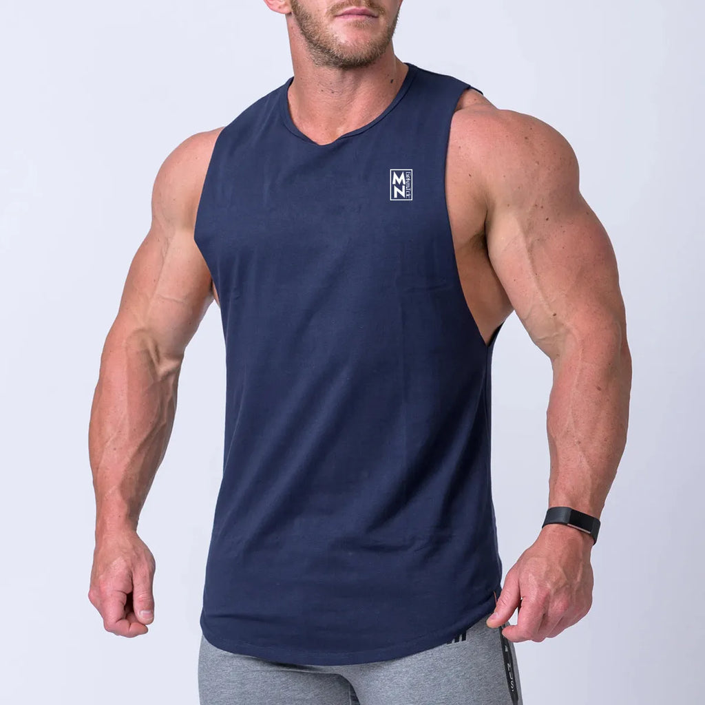 Men's cotton sleeveless fitness vest in white, black, pink, navy blue for training and basketball