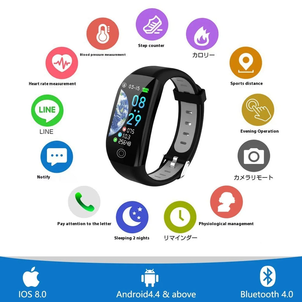Color screen F21 smart bracelet with heart rate and sleep monitoring, black and gray colour