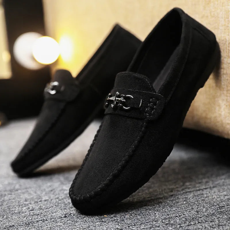 Men's black and brown waterproof PU leather slip-on loafers with rubber soles