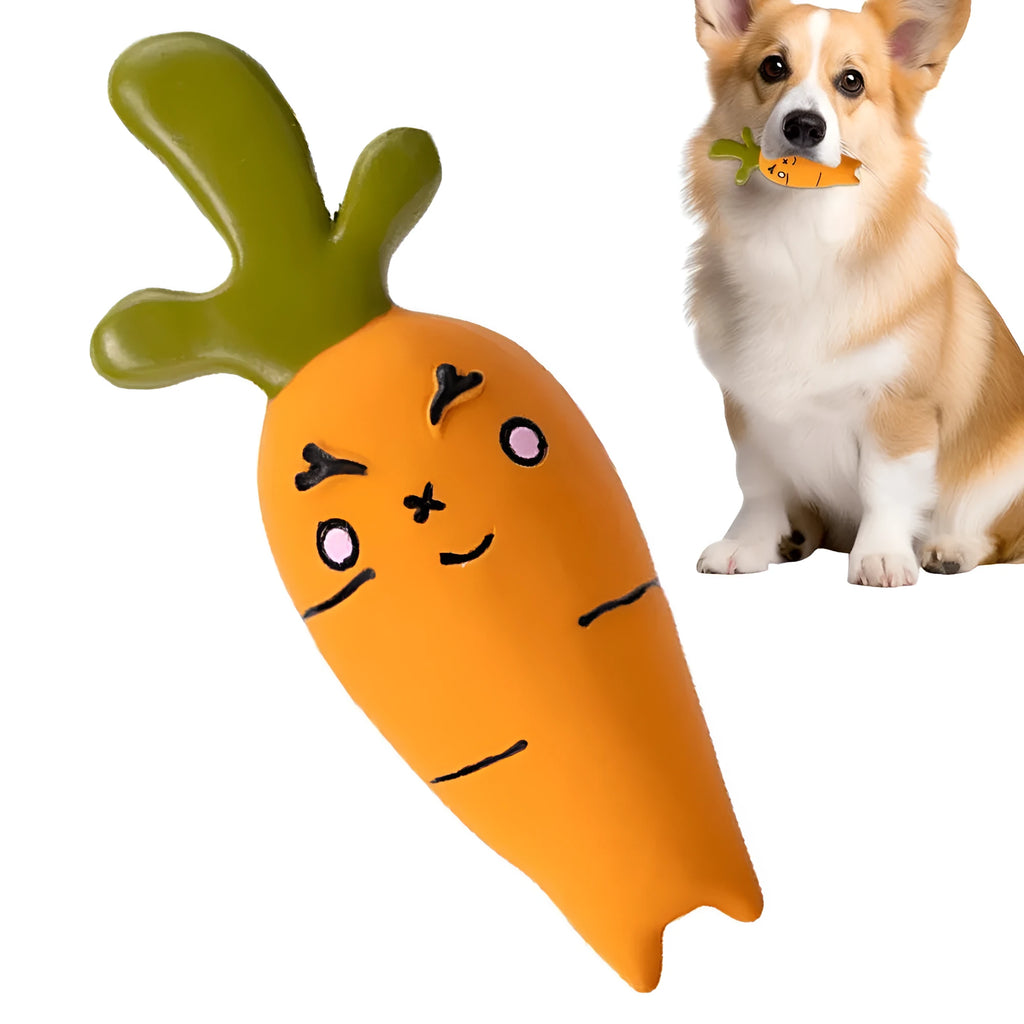 Latex vegetable dog chew toys showing cartoon onion and eggplant designs in green, orange and purple colours