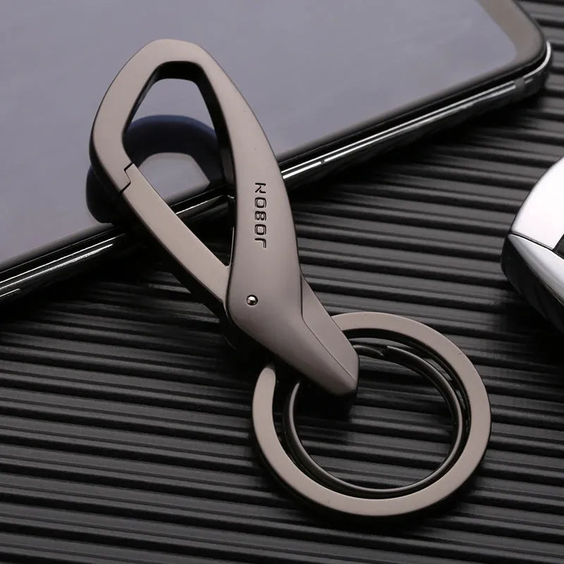 Zinc alloy car key waist hanging double ring keychain in black, chrome, or nickel colour measuring 8.3x3.5cm