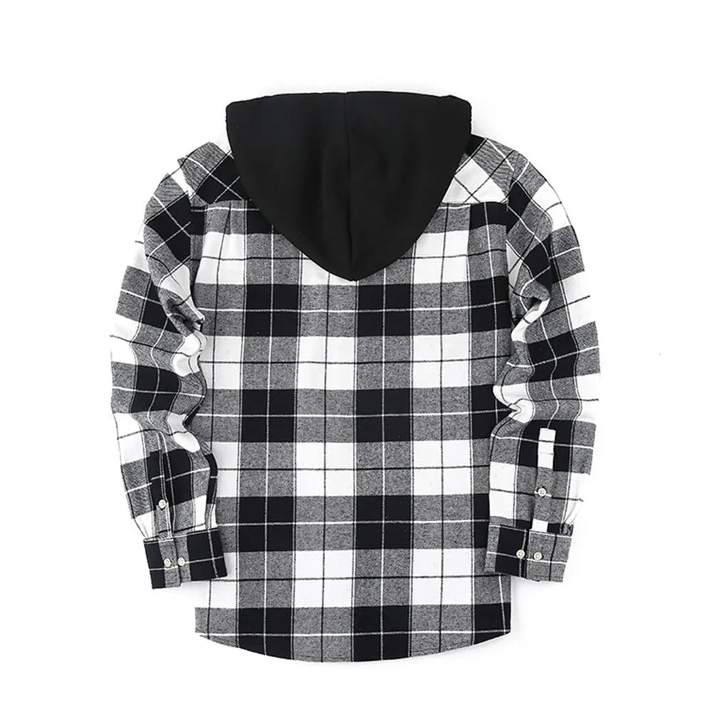 Loose fit casual flannel hooded plaid shirt in polyester with multiple colour options
