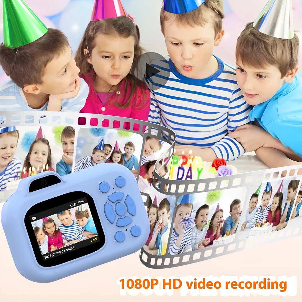 Children's camera toy in pink blue or purple colours with video recording photography and game functions