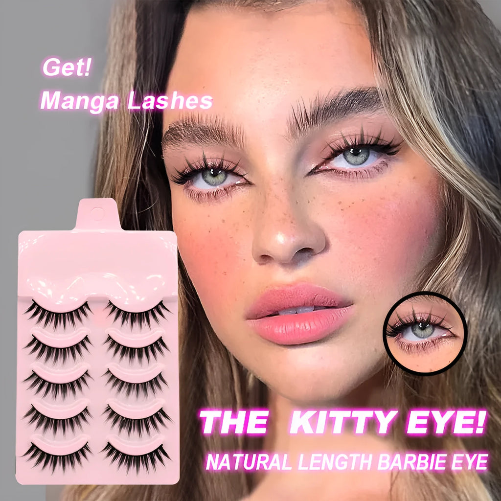 Pack of manga style false eyelashes showing natural wispy designs on plastic black terriers for cosplay and Korean makeup.