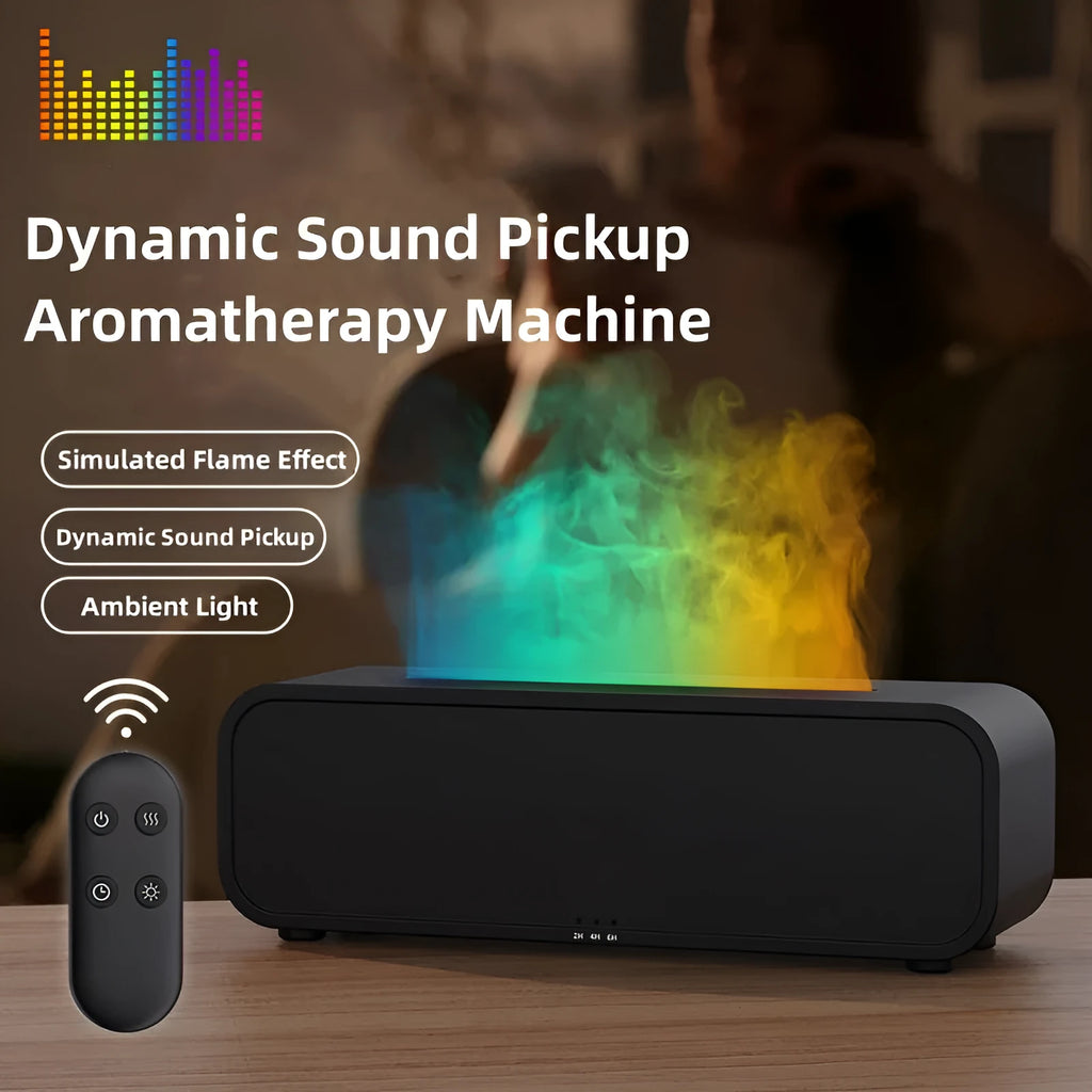 Black and white essential oil diffuser showing flame effect and colour-changing lights with remote control.