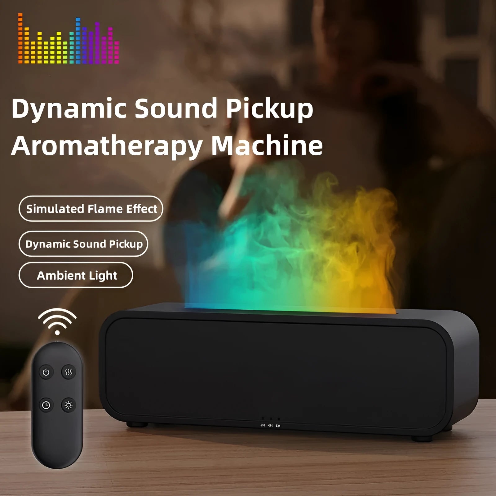Black and white essential oil diffuser showing flame effect and colour-changing lights with remote control.