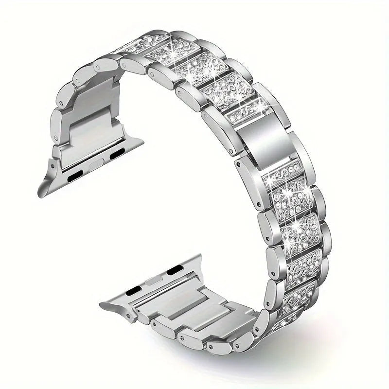 Metal diamond-encrusted watch band in stainless steel with shiny crystals on a black background