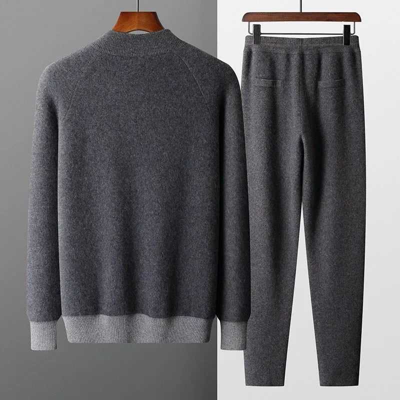 Men's navy blue cashmere wool blend half turtleneck zippered cardigan and matching trousers set.