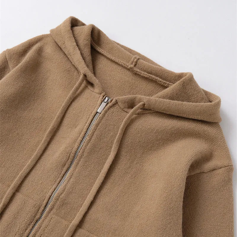 Women's camel zipper knit hooded sweatshirt with spandex fabric, short length 40cm, long sleeves