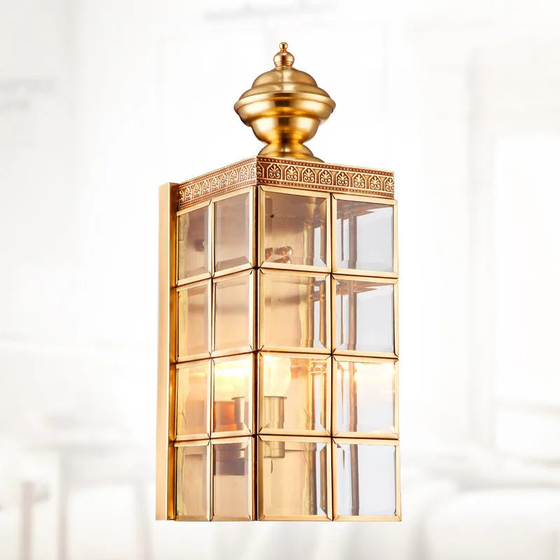 Gold full copper wall lamp with glass shade, E27 fitting, 130 x 410 x 150 mm, for balcony courtyard