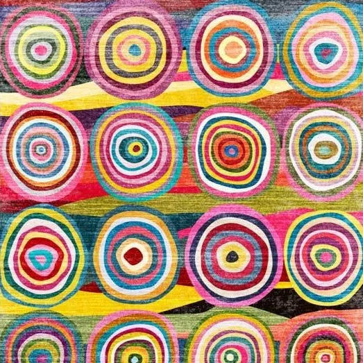 Round striped ethnic carpet with Indian Moroccan coloured circles in polyester fibre, available in multiple sizes