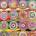 Round striped ethnic carpet with Indian Moroccan coloured circles in polyester fibre, available in multiple sizes