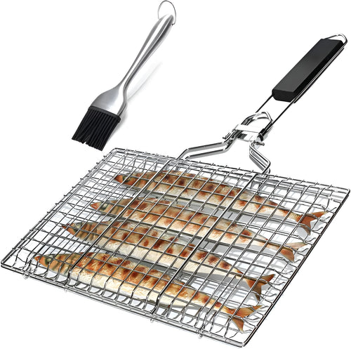 Square stainless steel folding barbecue mesh basket with a cleaning brush