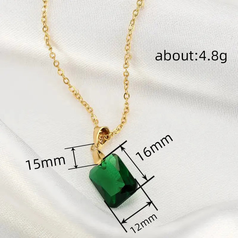 Green rectangular copper geometric pendant necklace on an O-ring chain