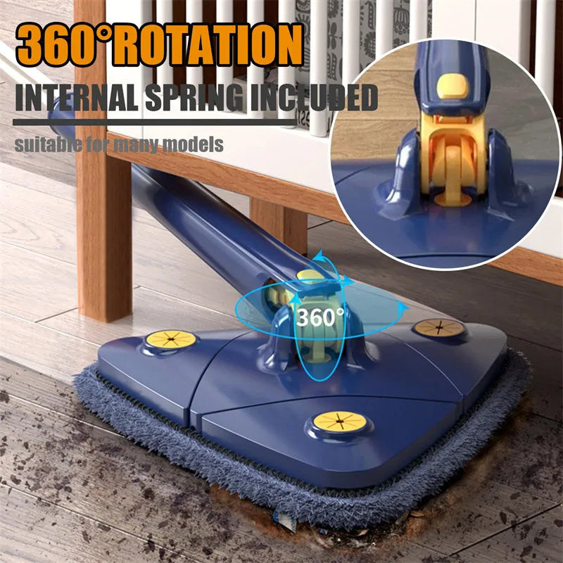 Blue extendable triangle mop with 360 rotating head and microfibre cloth for cleaning floors and walls
