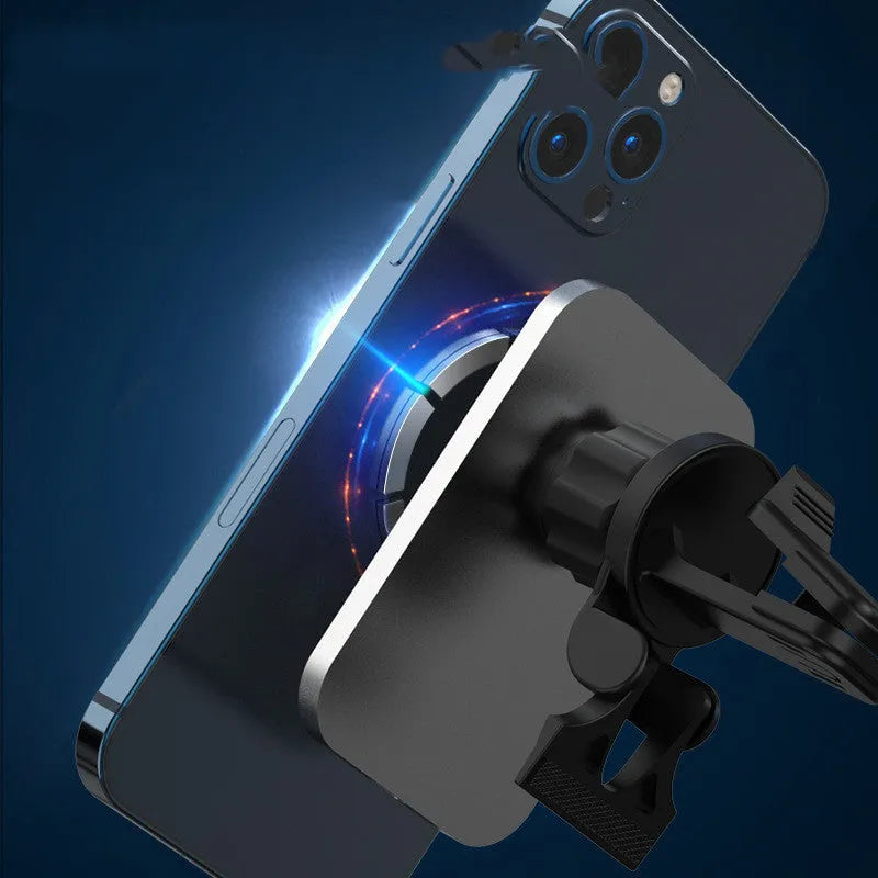 Black magnetic car wireless charger with air vent mount, N52 magnet, Type-C port, 15W output, aluminium alloy and ABS body