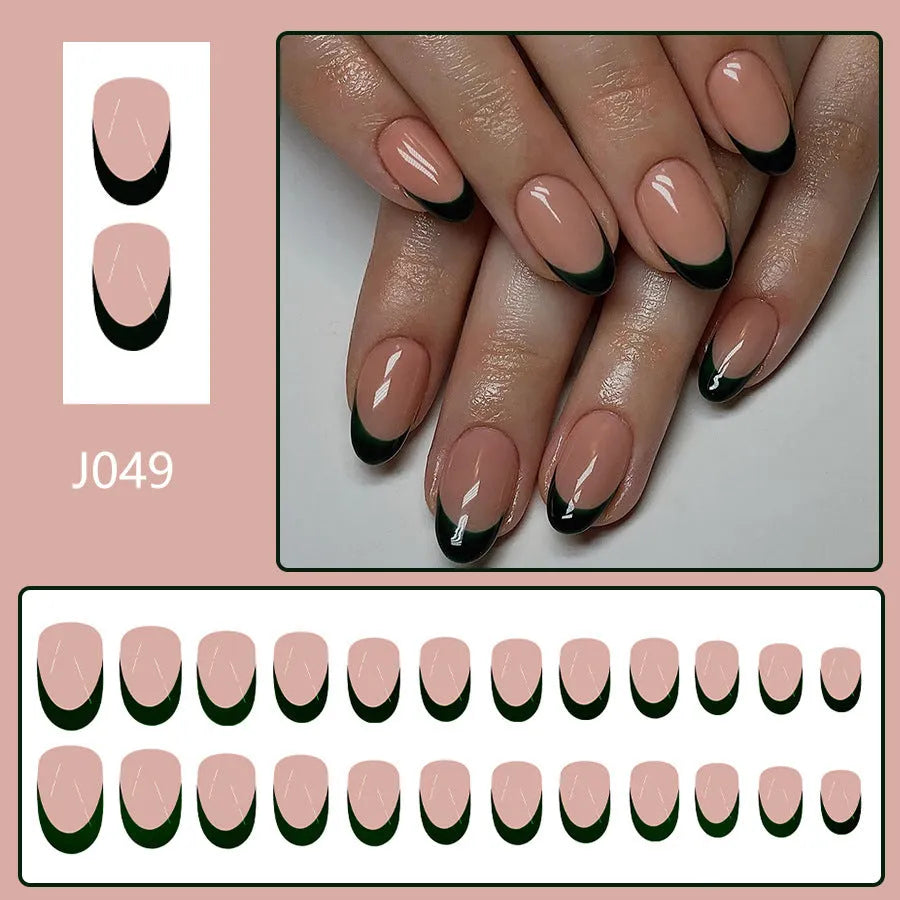 Black French manicure false nails set with 24 short almond shaped pieces in J049 colour