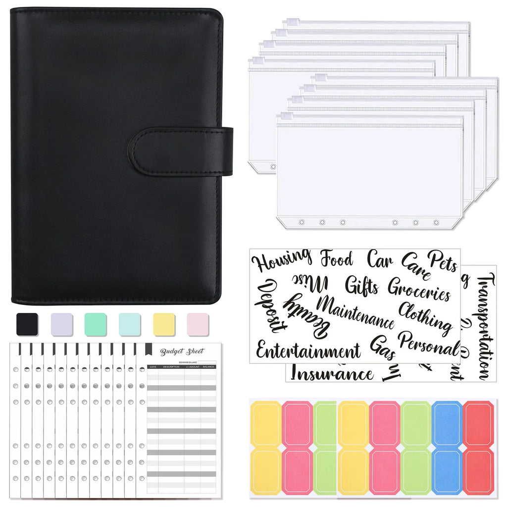 A6 clip notebook journal with imitation leather cover in Macaron style showing zipper bags and inserts
