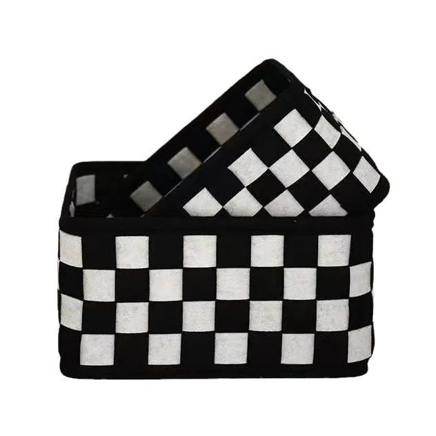 Checkerboard woven felt storage basket showing folding design and 37x29x19.5cm dimensions