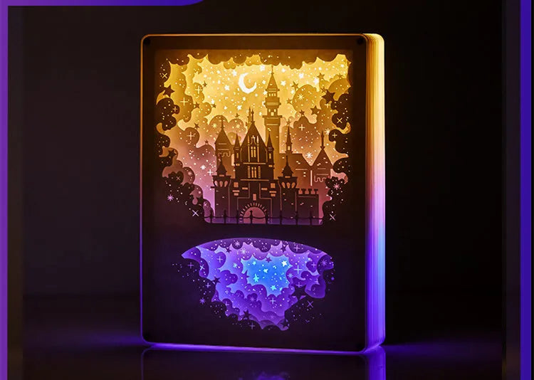 USB bedside night light with three-dimensional paper carving effect in plastic shade with remote control