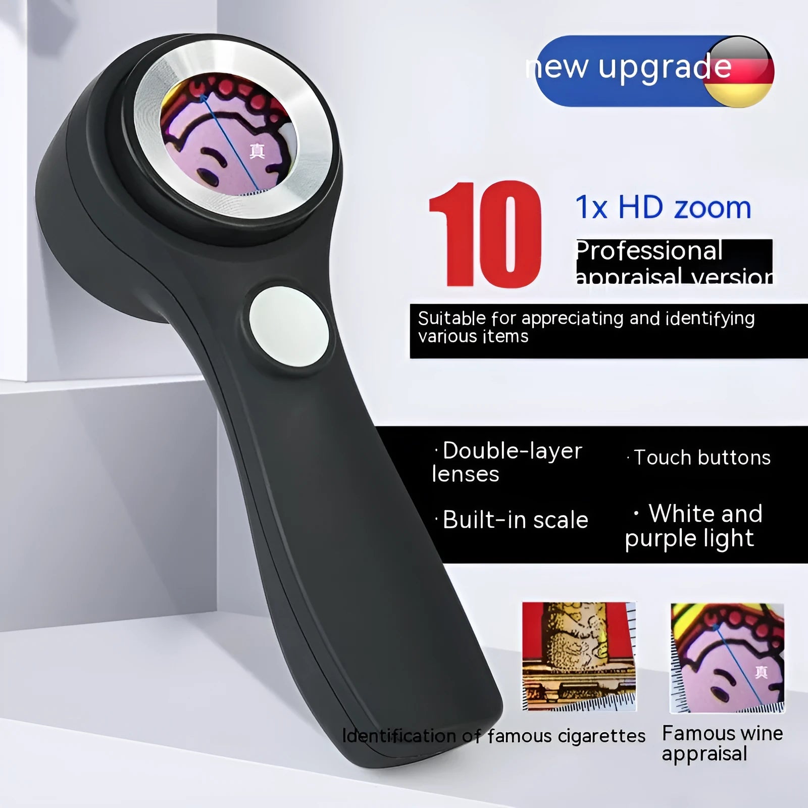 Black and silver jewellery tobacco alcohol appraisal magnifying glass with optical glass lens and USB-C cable
