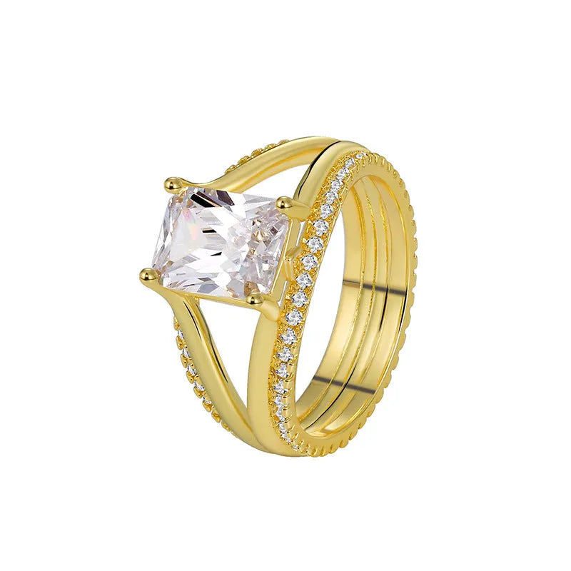 Women's geometric gold square zircon ring on copper band with electroplated finish