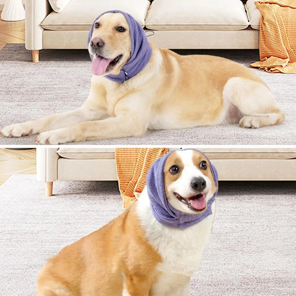 Polyester dog calming hoodie head wrap in black or purple colours with size options for noise reduction and hair management