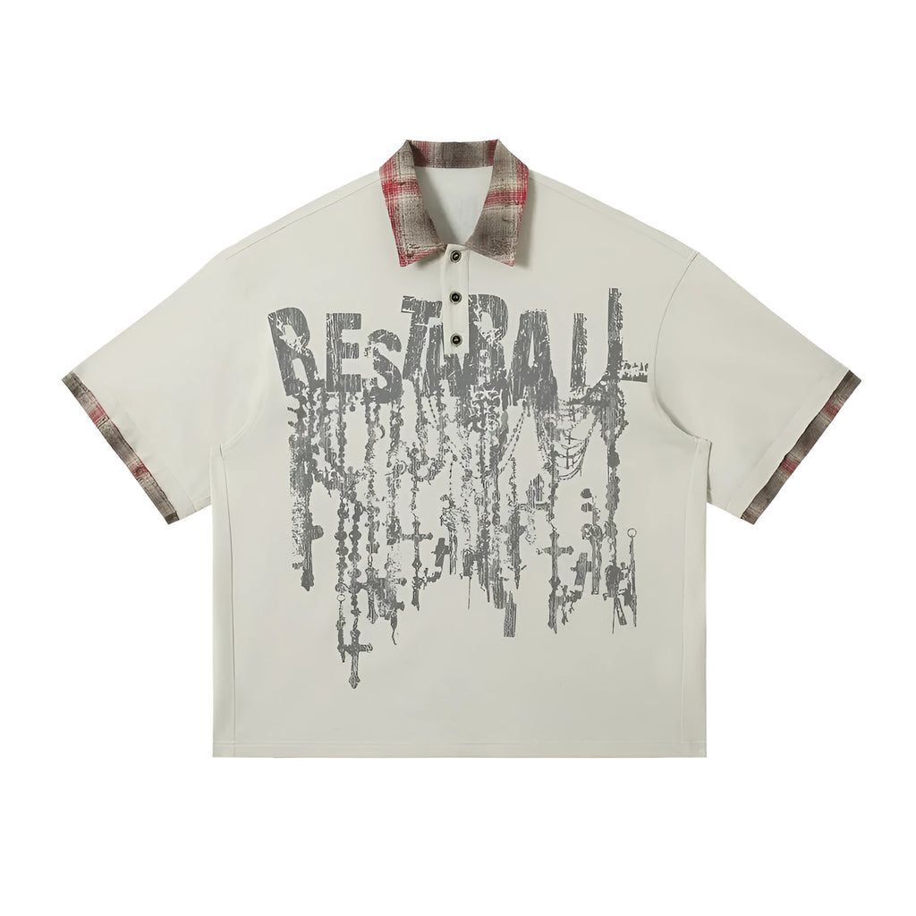 Men's loose asymmetric short-sleeved top with graffiti print on lapel in blue or red.