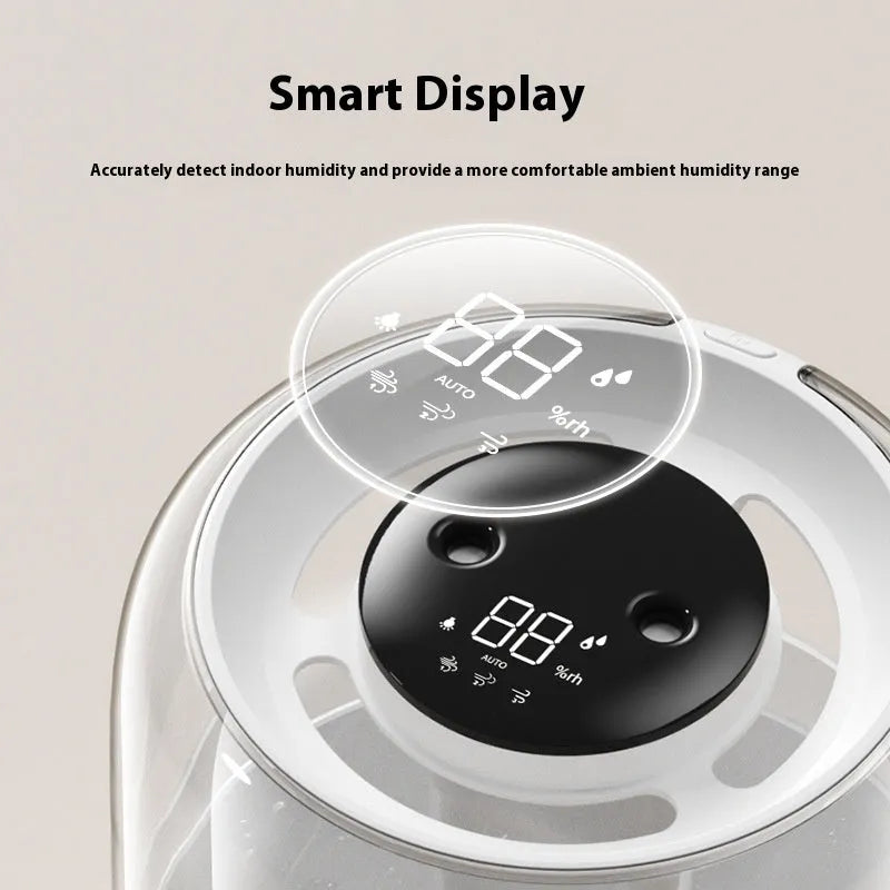 Beige round humidifier with dual spray nozzles, humidity display, and USB power cable