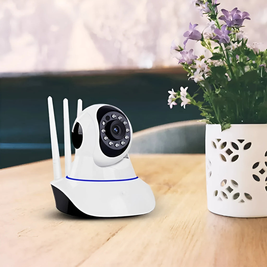 White dome-style wireless security camera with 1MP HD resolution for indoor and outdoor monitoring.