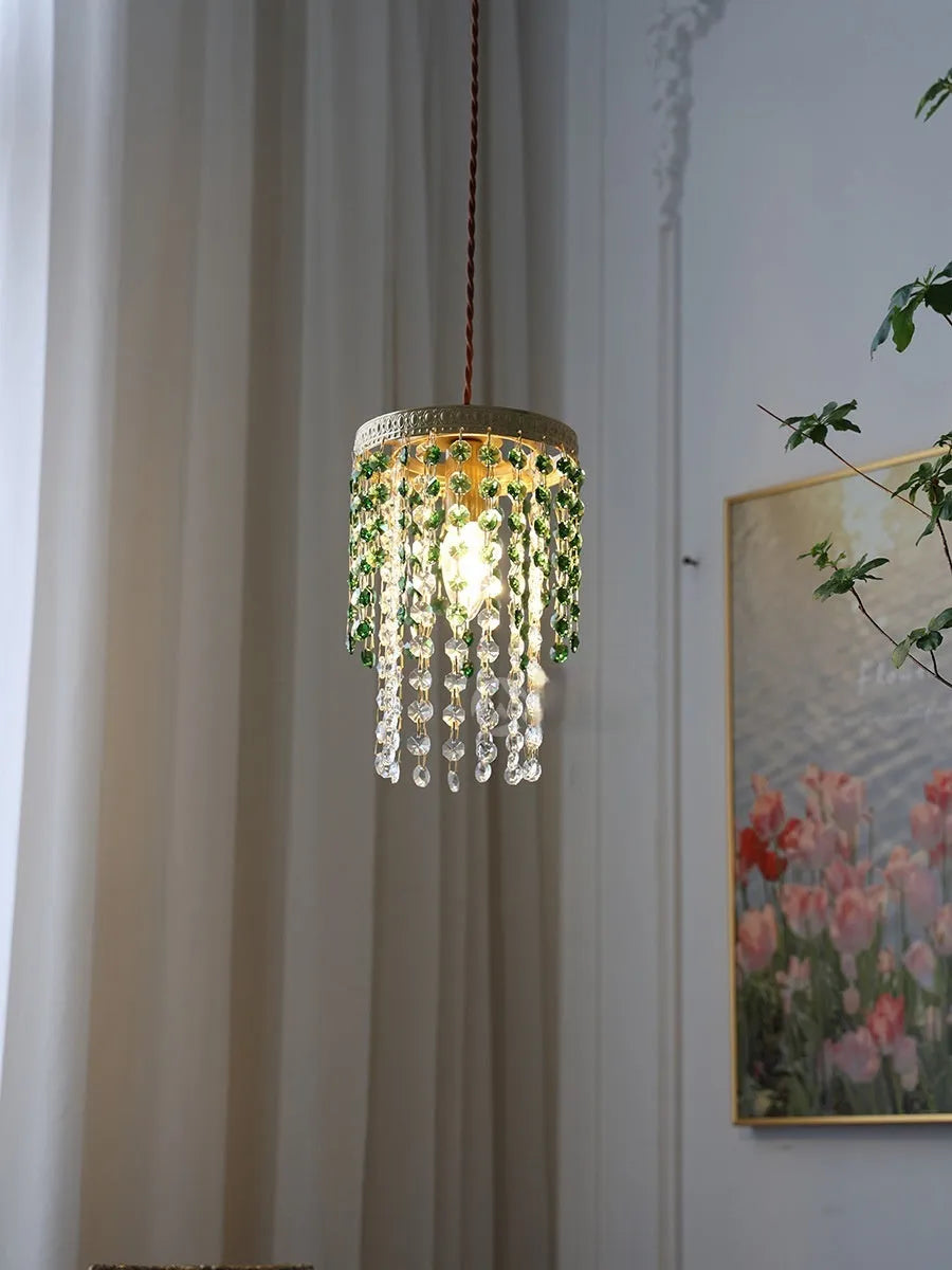 Retro crystal small droplight bedside lamp in Green Glacier finish for living room and corridor use