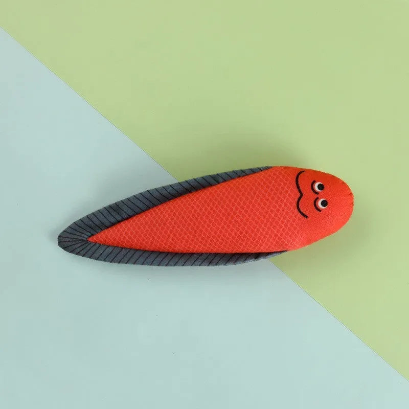 Canvas cat toy shaped like a mint fish in green eel colour on a light background