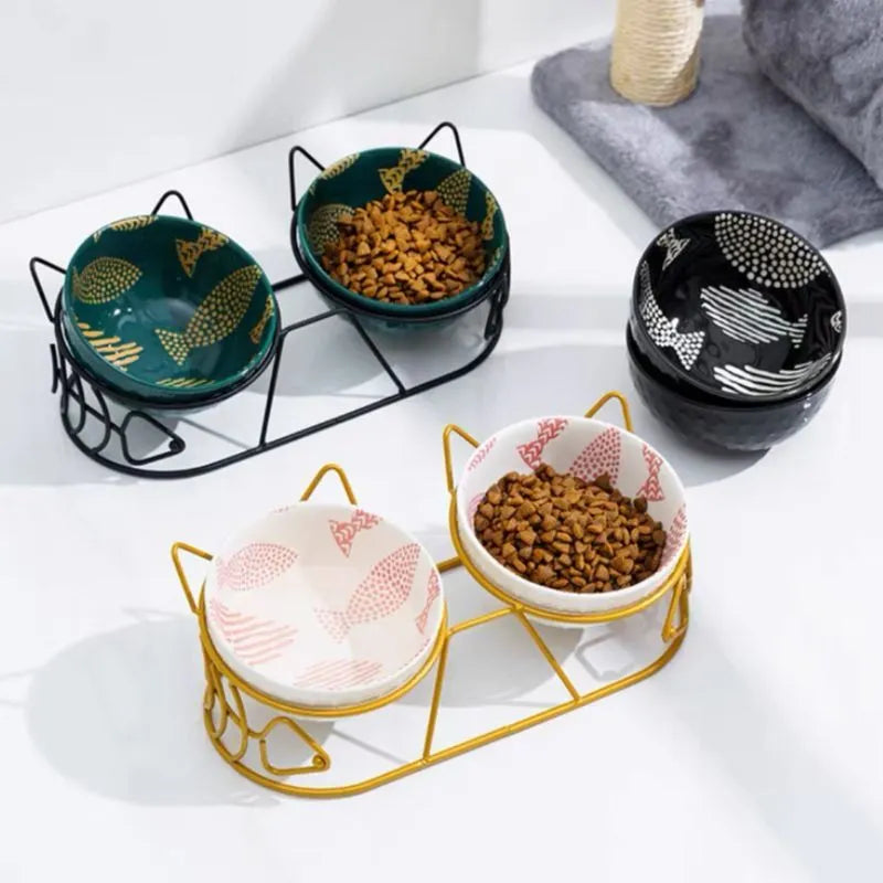 White ceramic double bowl with golden cat ear oblique mouth stand for cats and small dogs