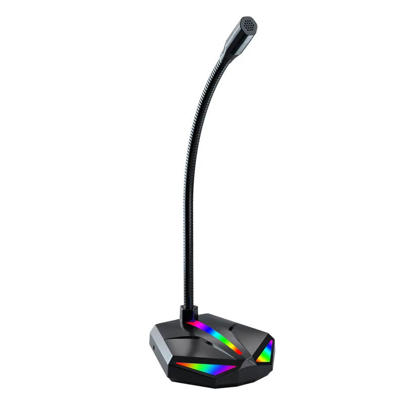 USB gaming microphone with moving coil and stand on a desk for computer voice chat