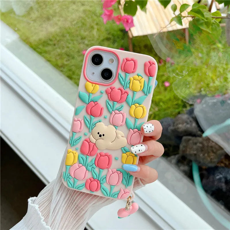Creative cartoon bear tulip flowers pink silicone phone case with pendant for Apple iPhone