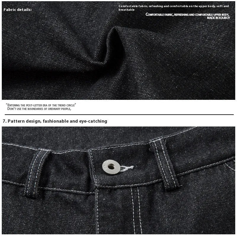 Black pleated denim jeans with multiple pockets, shown on a hanger.