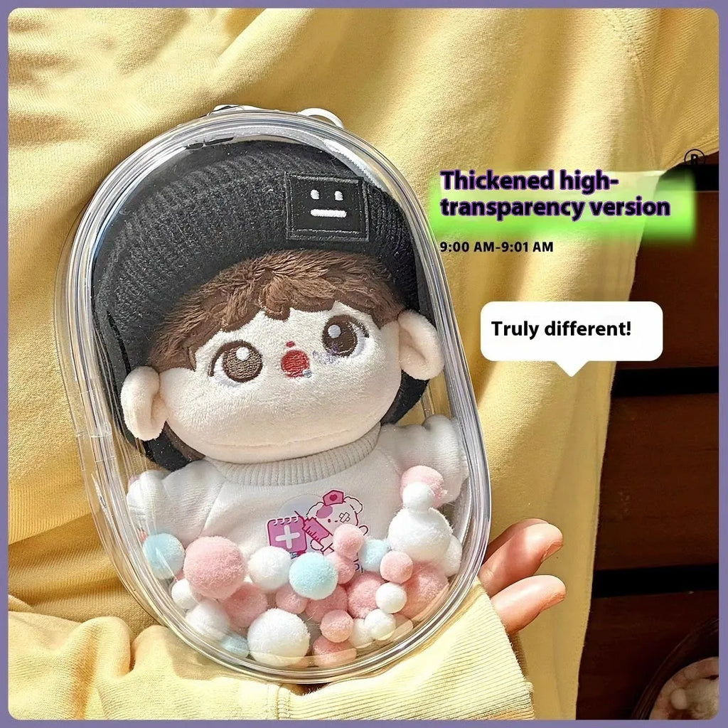Transparent PVC cube storage bag with zip closure for cotton dolls, shown in avocado green colour.