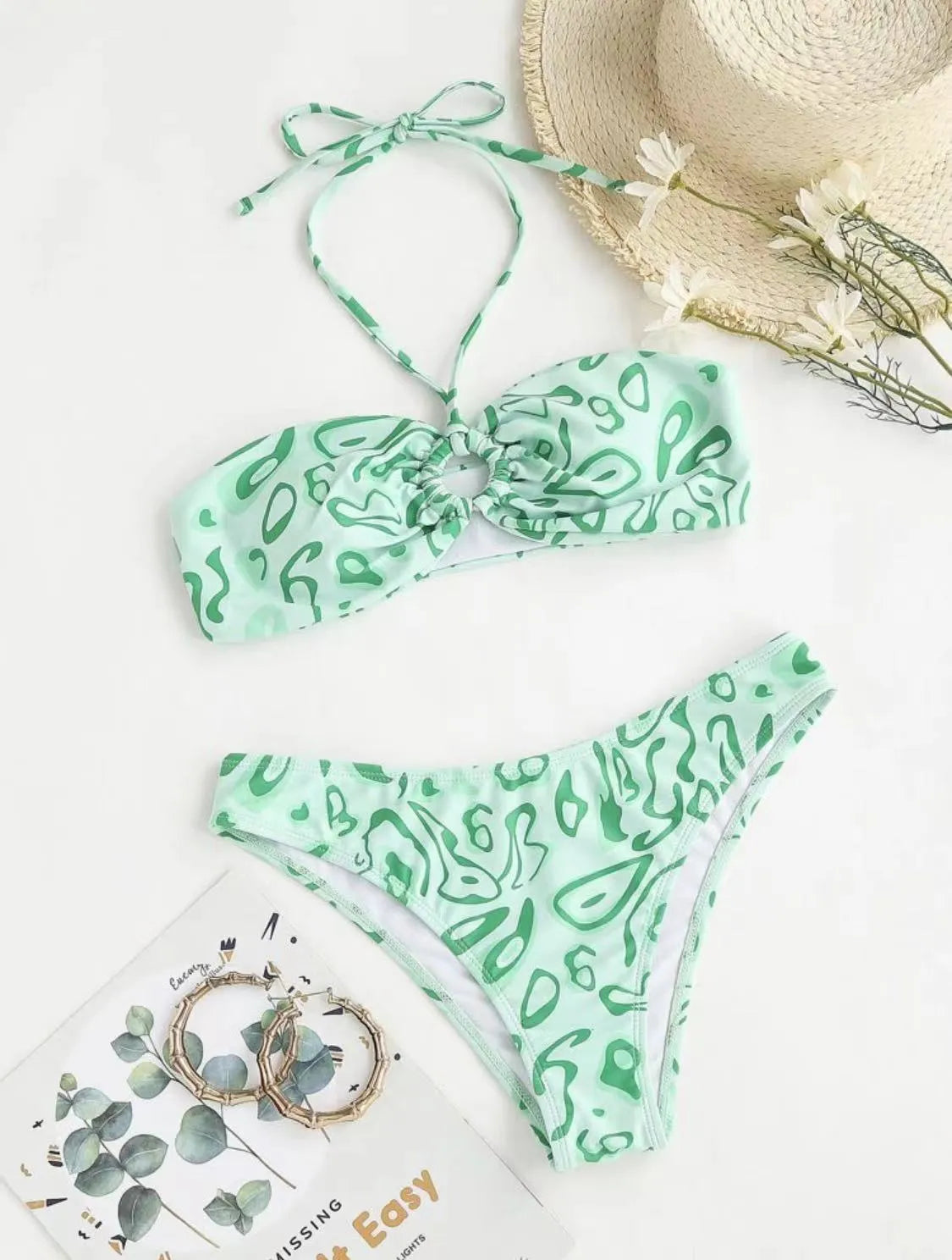 Women's floral print bandeau bikini swimsuit with split style design in blue colour
