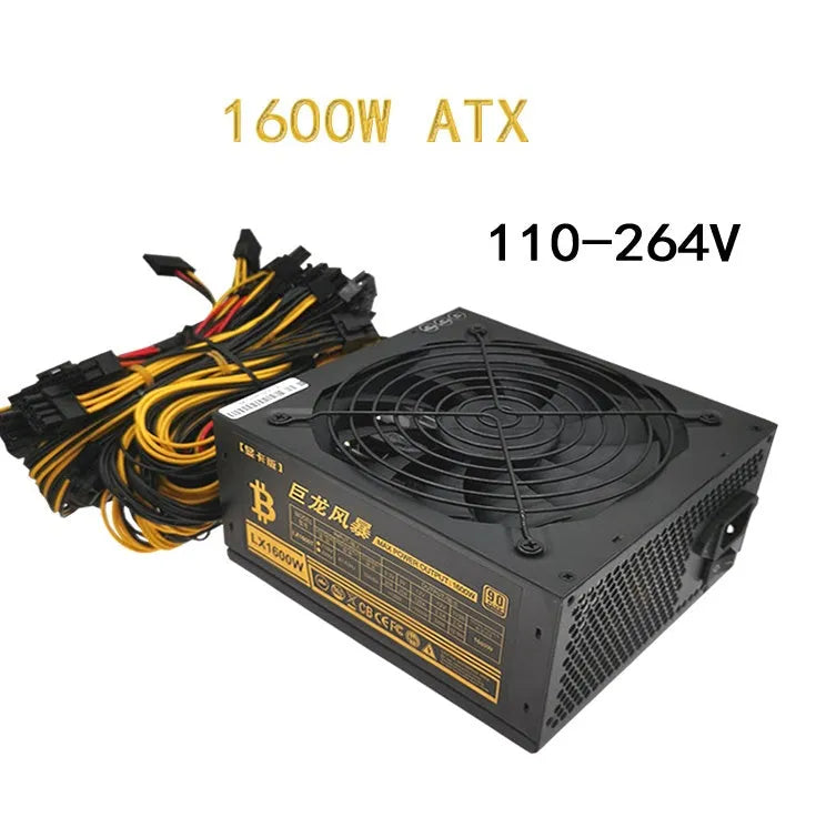 Black server power supply unit with cooling fan and multiple cable connectors