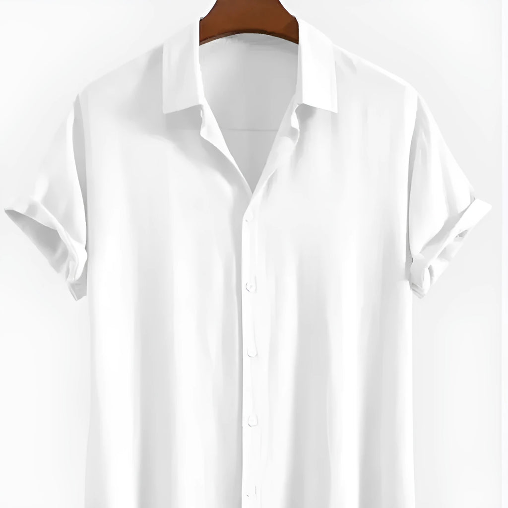 Men's loose black polyester short sleeve casual cardigan on a hanger