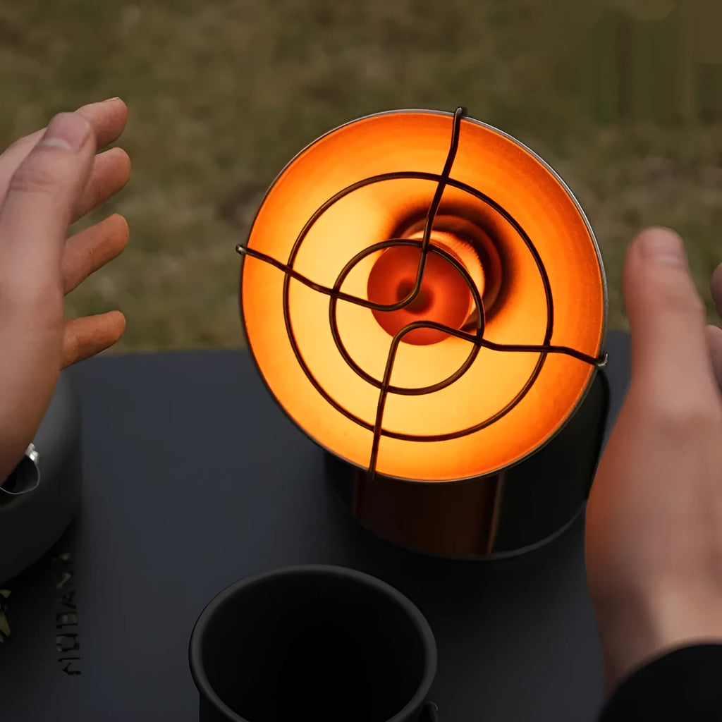 Black and orange portable camping heater stove with automatic ignition system