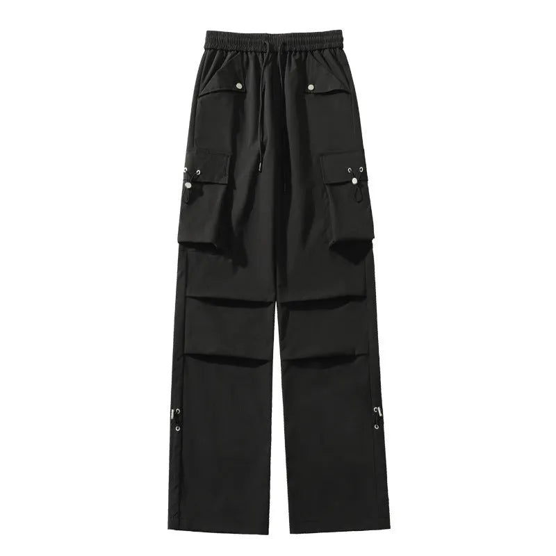 Plus size black waterproof straight-leg trousers with a drawstring waist on a hanger.