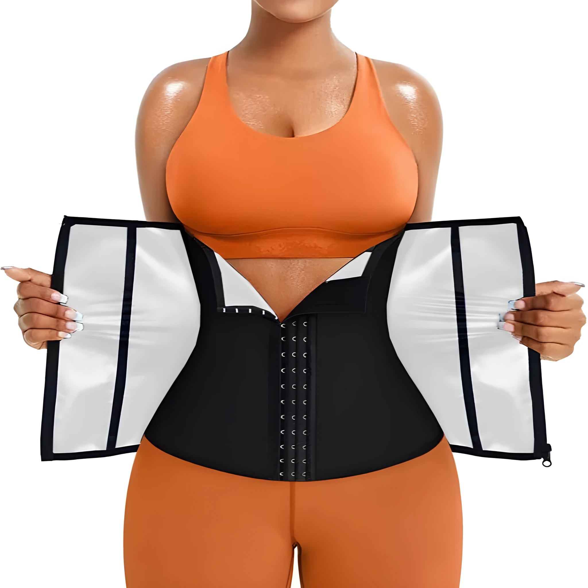 A painted blue neoprene abdominal girdle with an adjustable strap, laid flat.