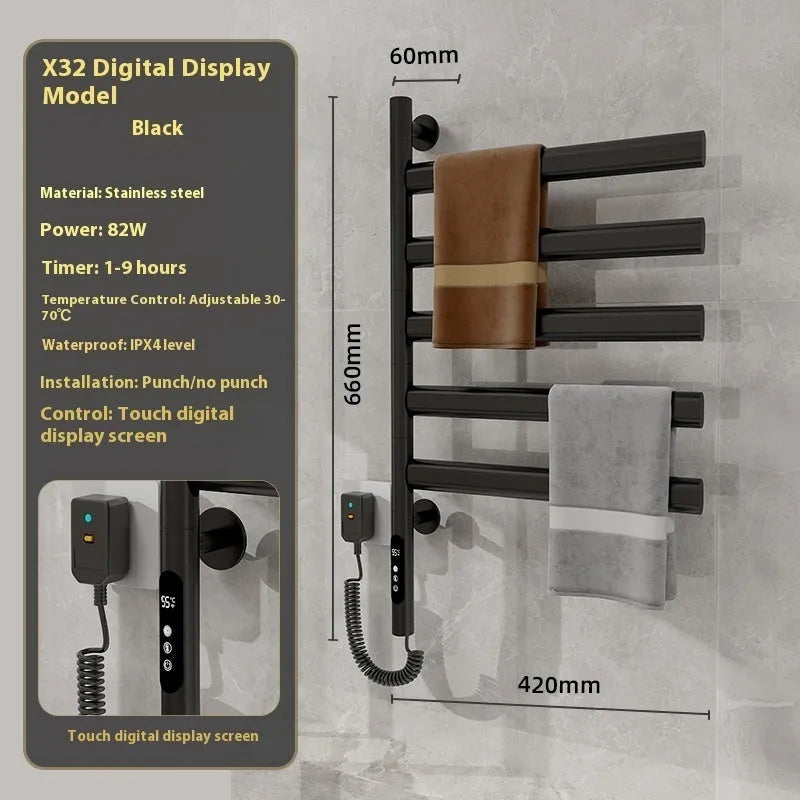 5-layer stainless steel electric towel rack in black with punch-free mounting and WiFi control