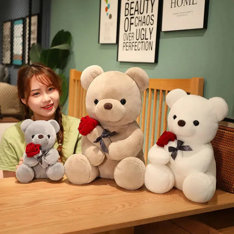 Rose bear teddy plush pillow in brown, beige, or grey with soft PP cotton filling
